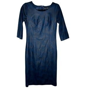 Alexia Klein Blue and Black Print Leather 3/4 Sleeve Round Neck Fitted Dress XS